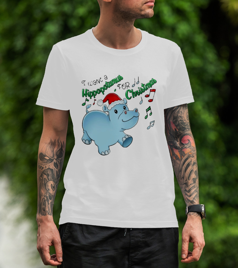Inktastic I Want A Hippopotamus For Christmas Hippo In Santa Hat T-Shirt