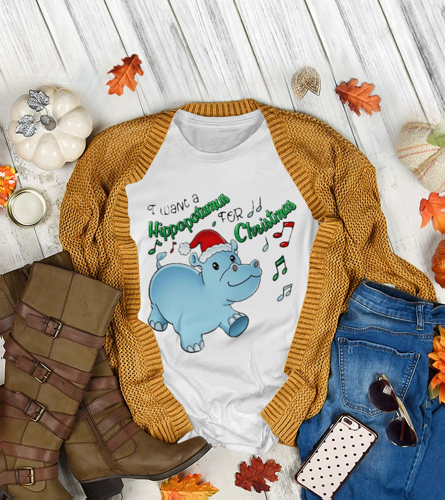 Inktastic I Want A Hippopotamus For Christmas Hippo In Santa Hat T-Shirt