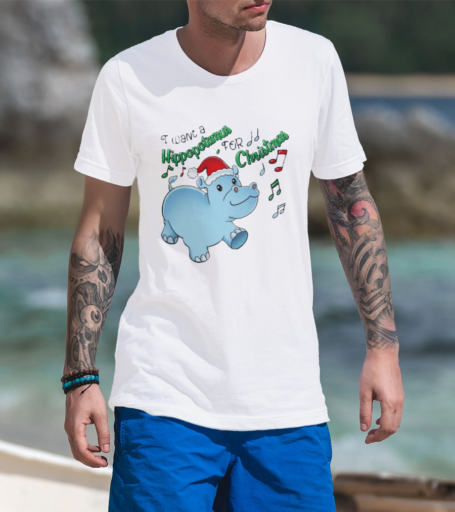 Inktastic I Want A Hippopotamus For Christmas Hippo In Santa Hat T-Shirt