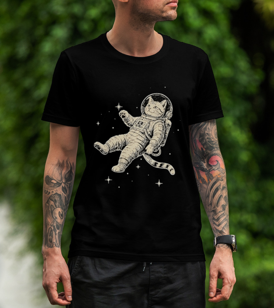 Astronaut Cat Floating In Space With Stars And Helmet T-Shirt