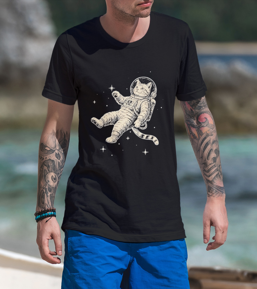 Astronaut Cat Floating In Space With Stars And Helmet T-Shirt