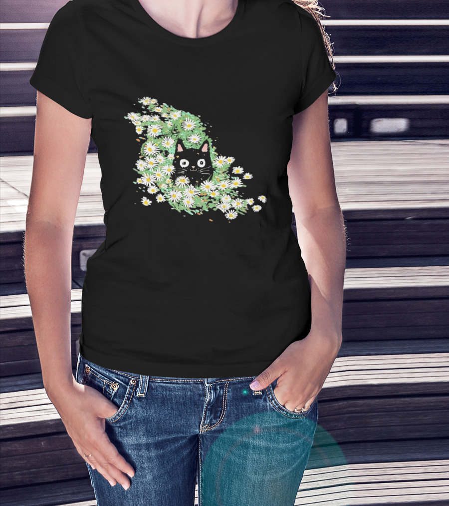 Black Cat Surrounded By Daisies In A Field T-Shirt