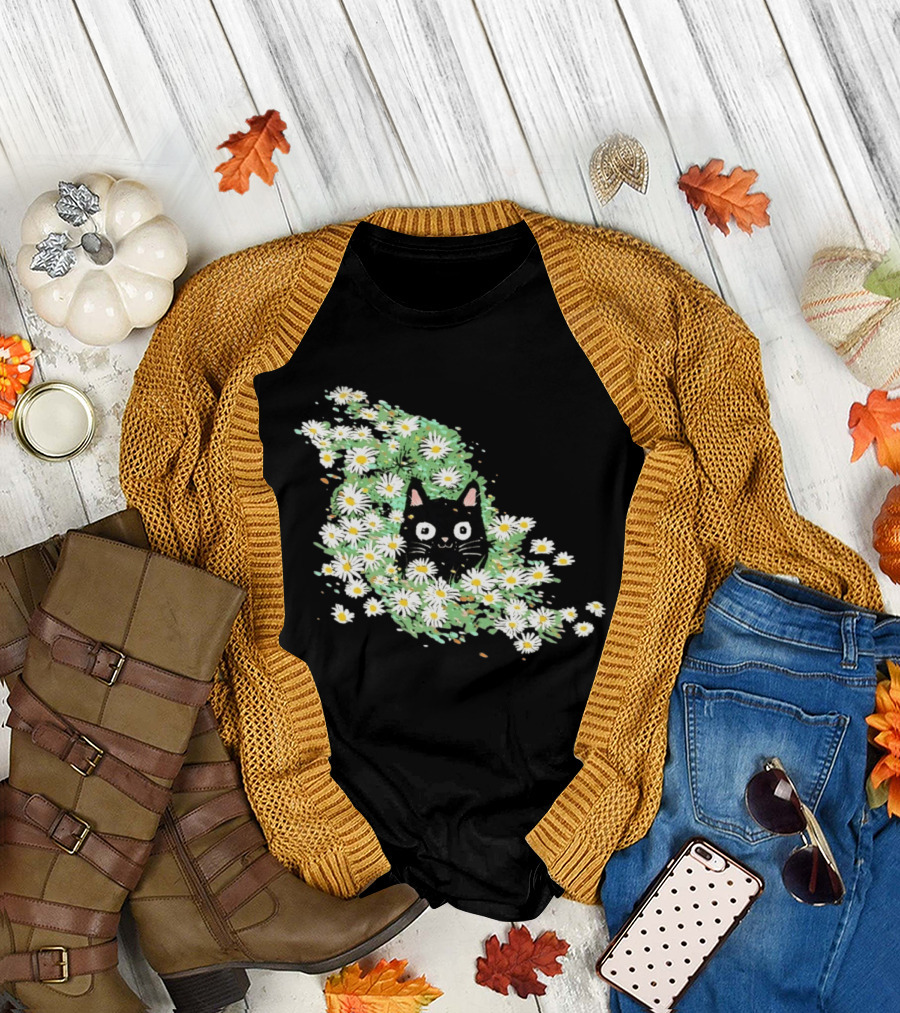 Black Cat Surrounded By Daisies In A Field T-Shirt