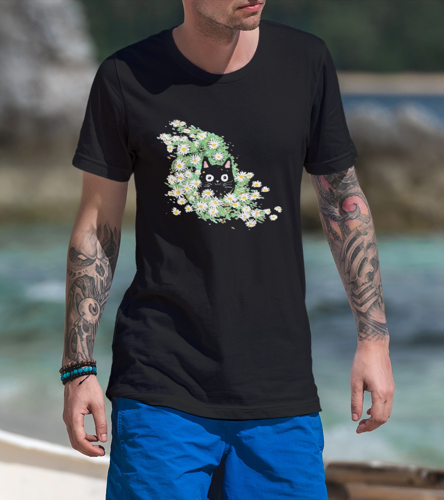 Black Cat Surrounded By Daisies In A Field T-Shirt