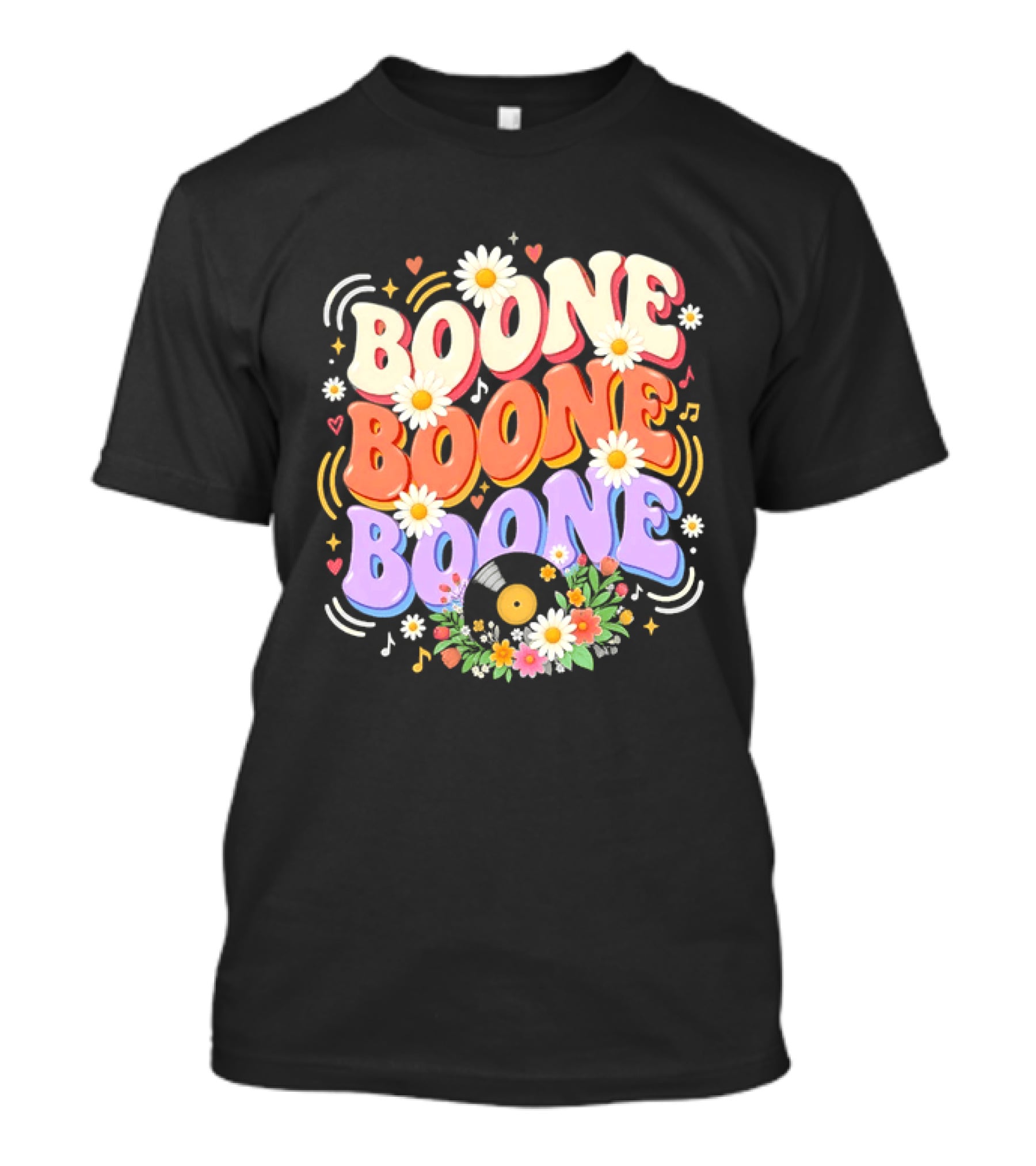 Boone Floral Vinyl Record Music Lover Colorful Daisy Notes Hearts T-Shirt