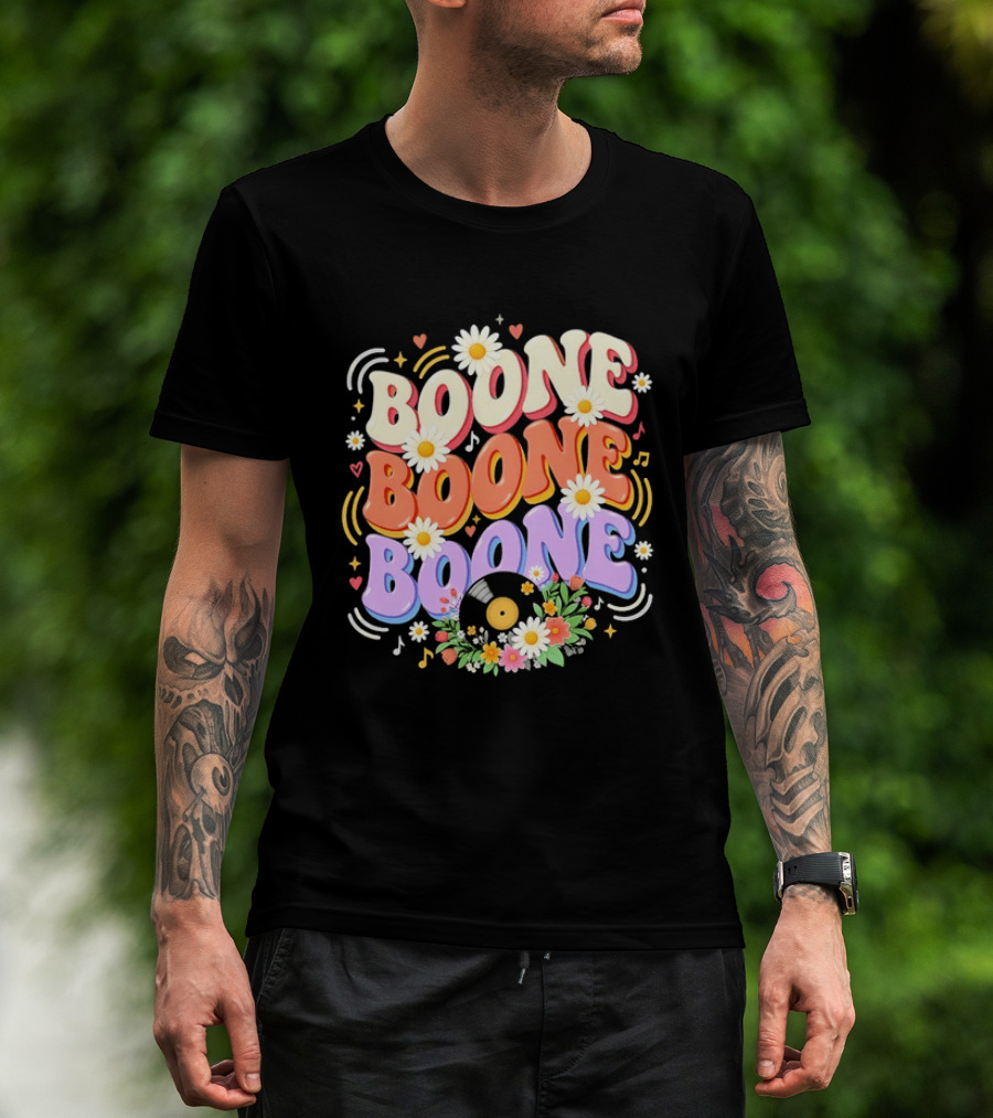Boone Floral Vinyl Record Music Lover Colorful Daisy Notes Hearts T-Shirt