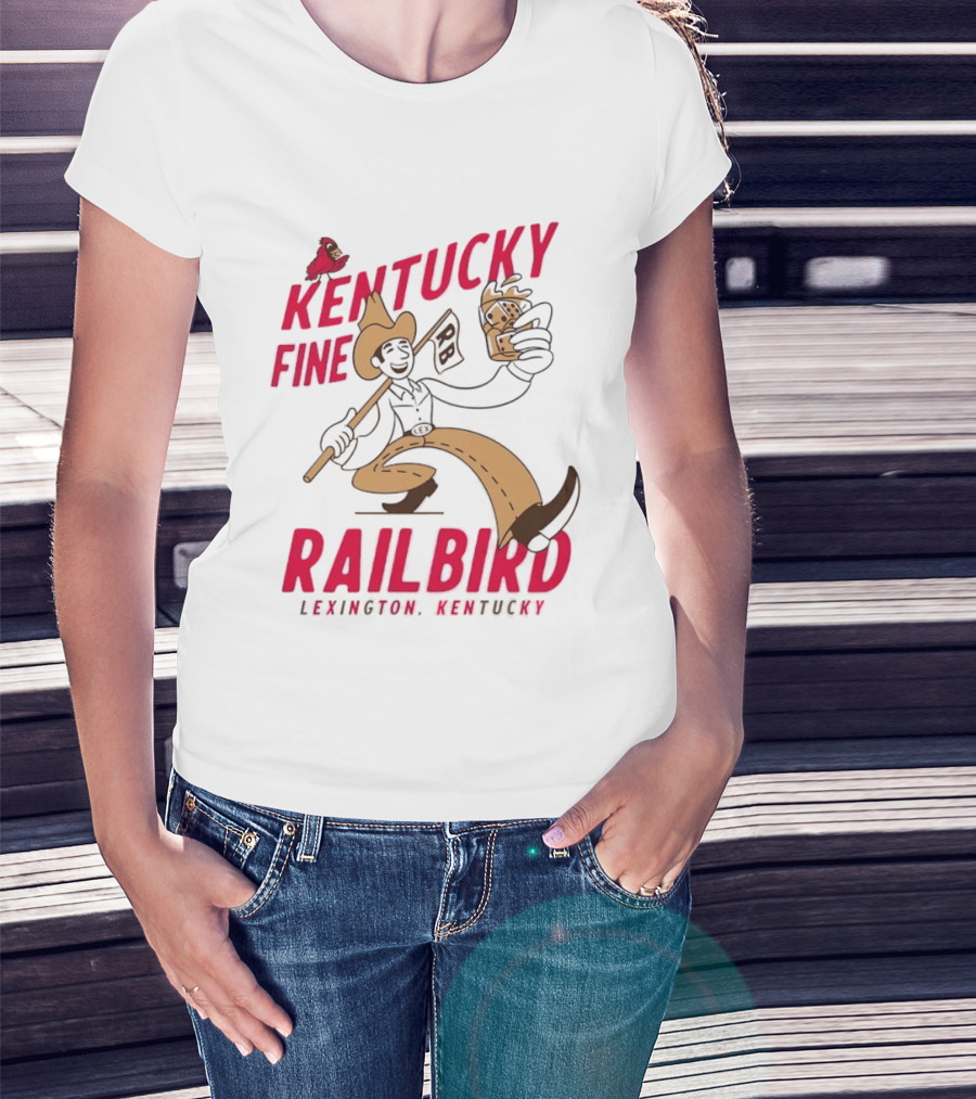 Kentucky Fine Railbird Lexington Kentucky Cowboy With Trophy And Cardinal T-Shirt