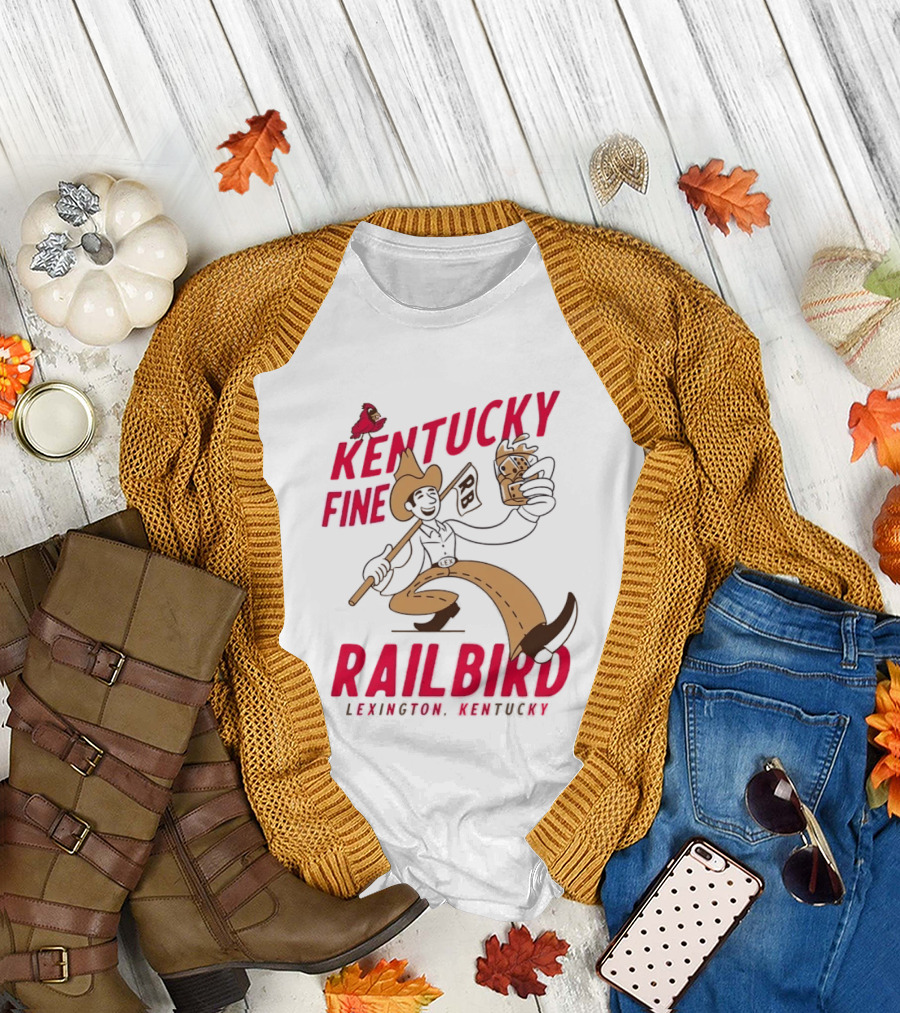 Kentucky Fine Railbird Lexington Kentucky Cowboy With Trophy And Cardinal T-Shirt