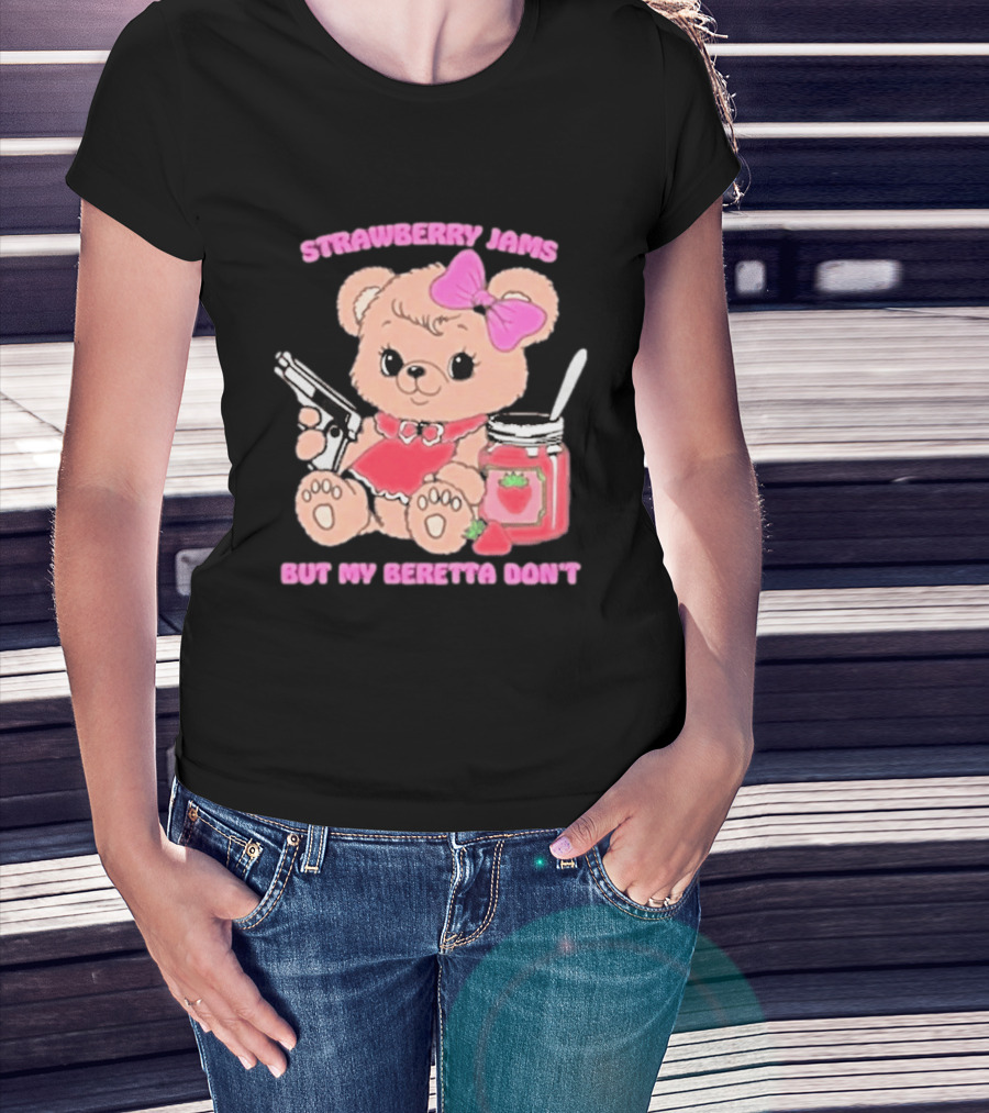 Strawberry Jams Cute Bear With Beretta And Jam Jar T-Shirt