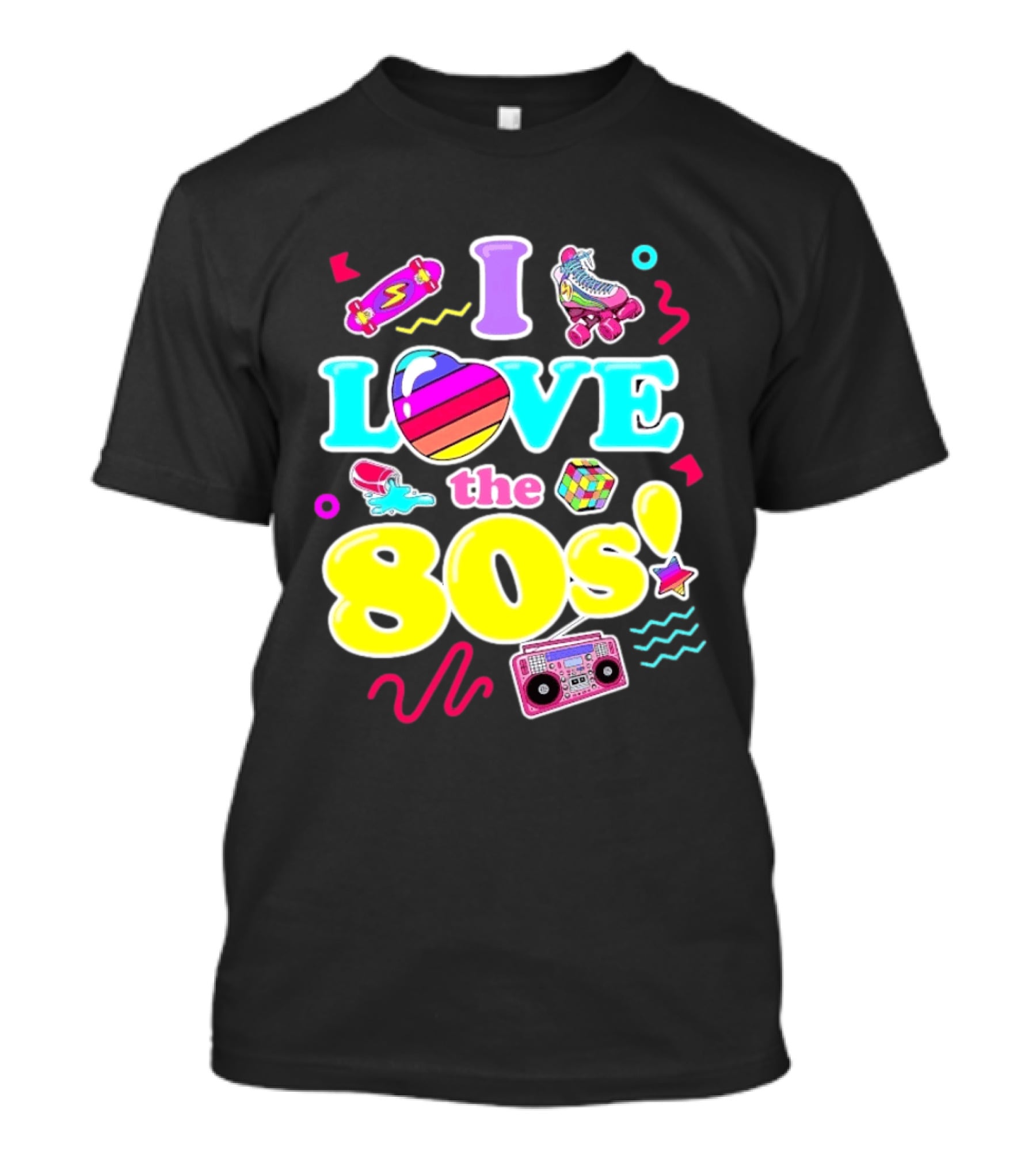I Love The 80s Nostalgia Roller Skates Boombox Rubik's Cube Retro Fun T-Shirt