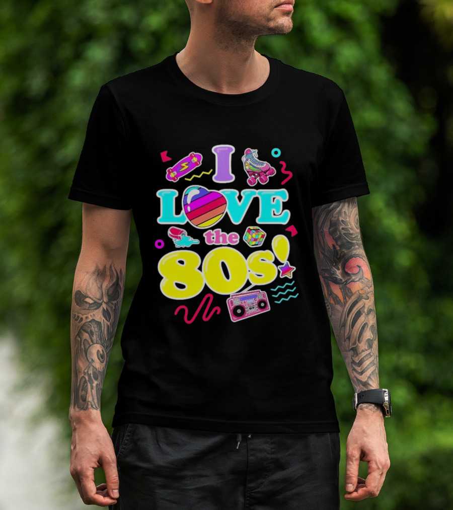 I Love The 80s Nostalgia Roller Skates Boombox Rubik's Cube Retro Fun T-Shirt