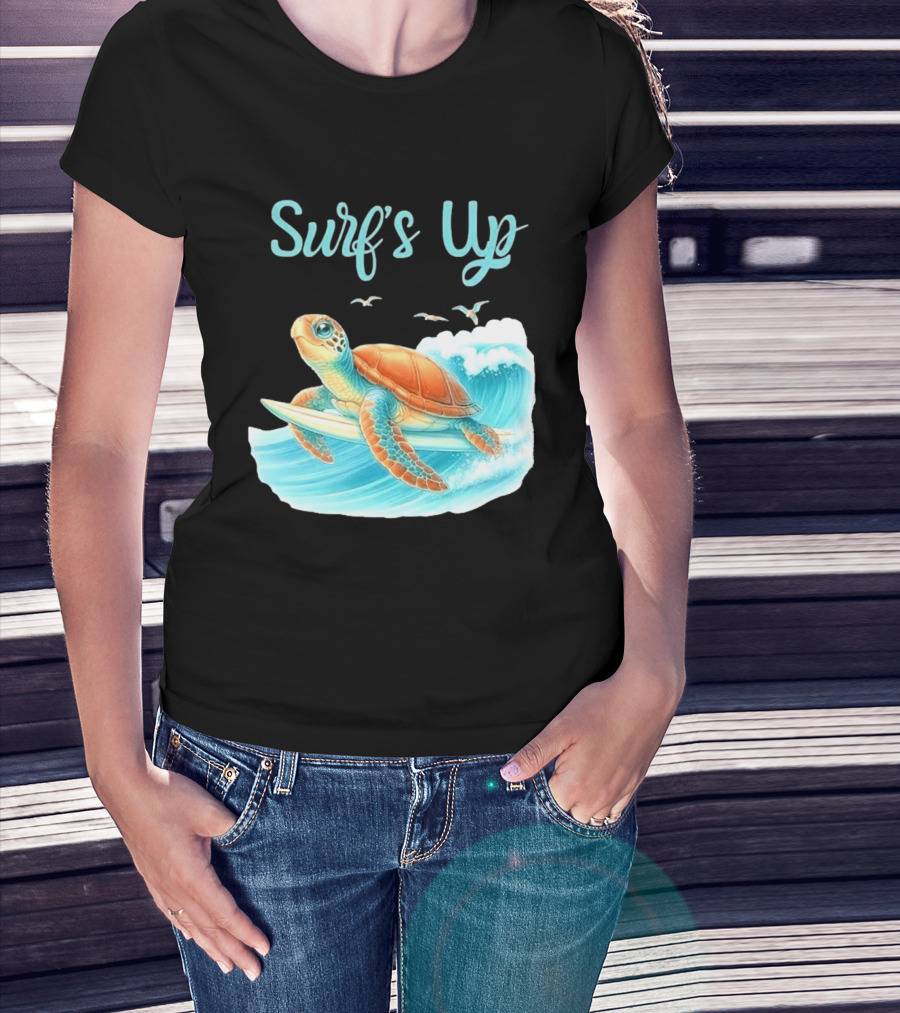 Surf's Up Turtle Riding Surfboard On Big Wave T-Shirt