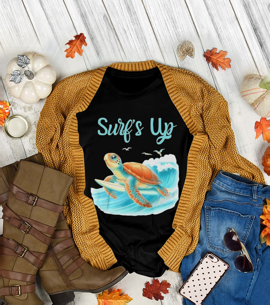 Surf's Up Turtle Riding Surfboard On Big Wave T-Shirt