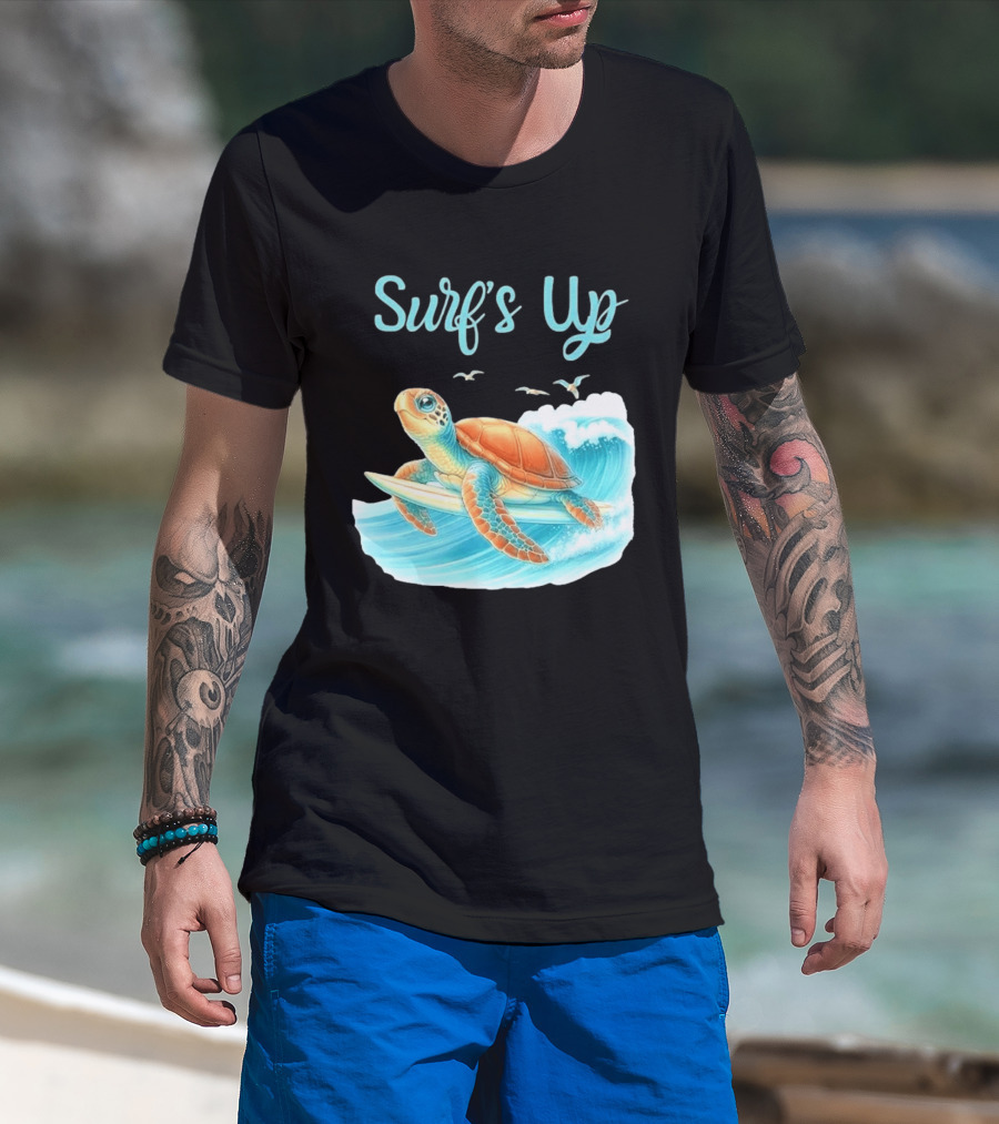 Surf's Up Turtle Riding Surfboard On Big Wave T-Shirt