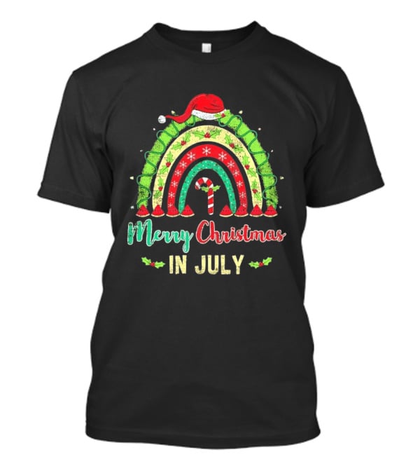 Merry Christmas In July Distressed Rainbow With Santa Hat And Candy Cane T-Shirt