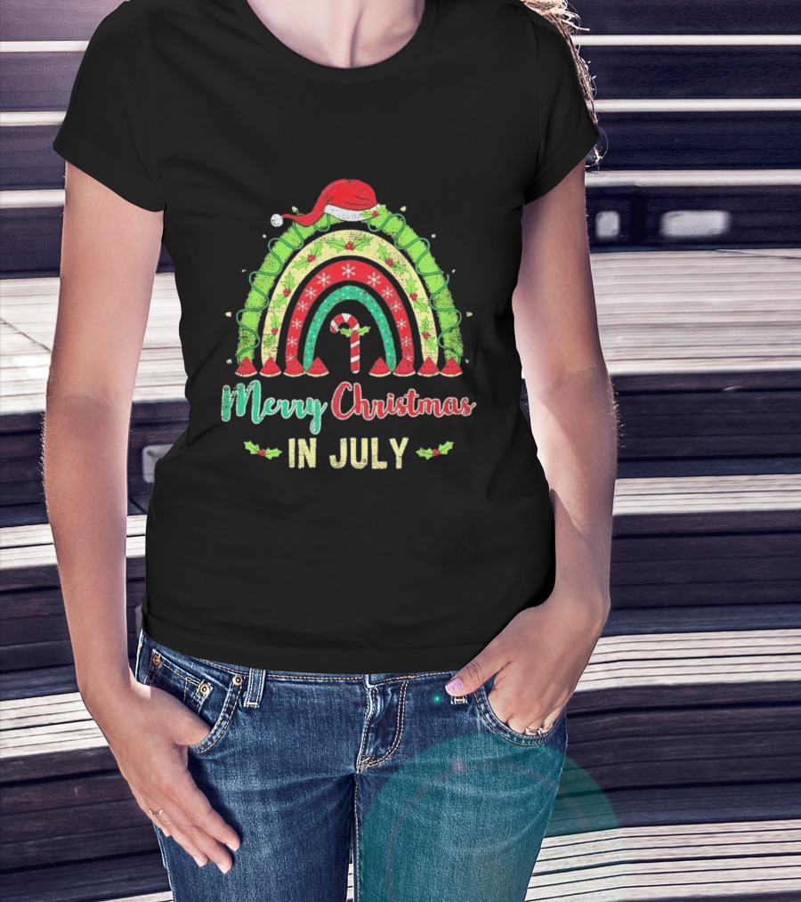 Merry Christmas In July Distressed Rainbow With Santa Hat And Candy Cane T-Shirt