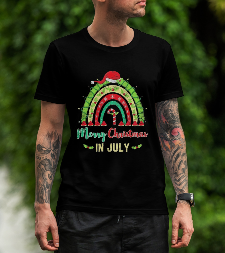 Merry Christmas In July Distressed Rainbow With Santa Hat And Candy Cane T-Shirt