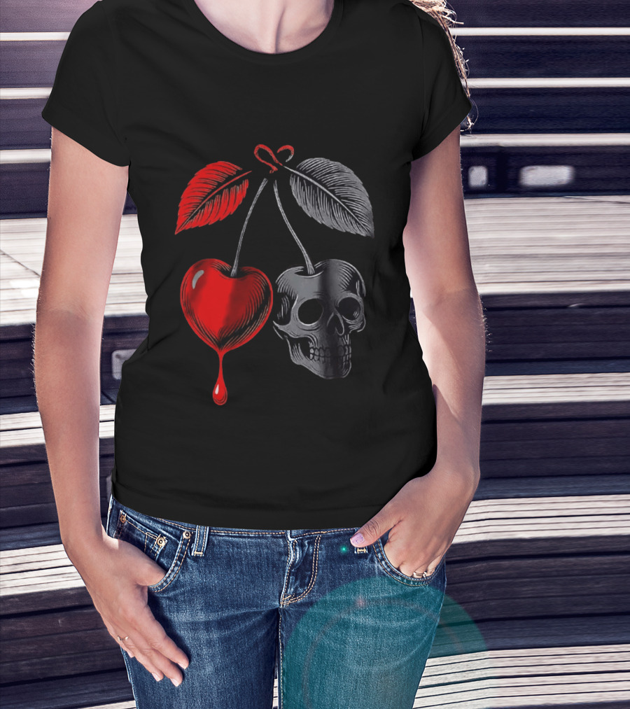 Bleeding Cherry Skull Memento Mori Gothic Macabre Dark Fruit T-Shirt
