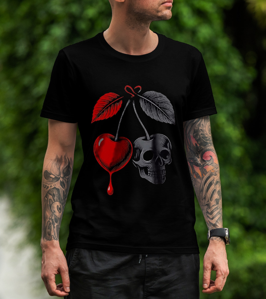 Bleeding Cherry Skull Memento Mori Gothic Macabre Dark Fruit T-Shirt