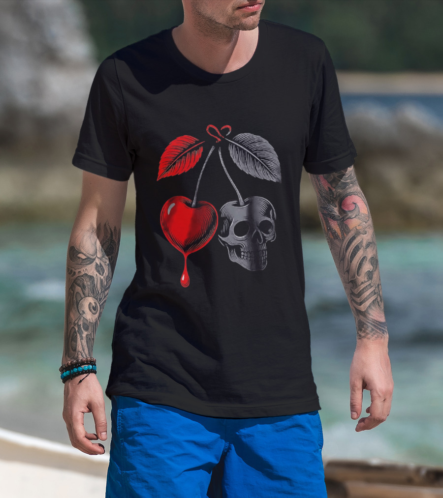 Bleeding Cherry Skull Memento Mori Gothic Macabre Dark Fruit T-Shirt