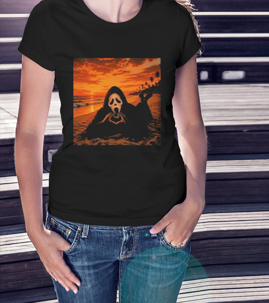 Ghostface Heart Hands Beach Sunset Halloween 2026 T-Shirt