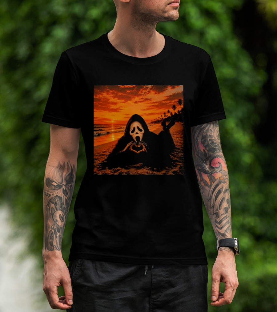 Ghostface Heart Hands Beach Sunset Halloween 2026 T-Shirt