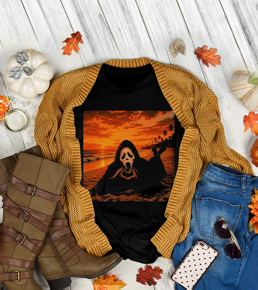 Ghostface Heart Hands Beach Sunset Halloween 2026 T-Shirt