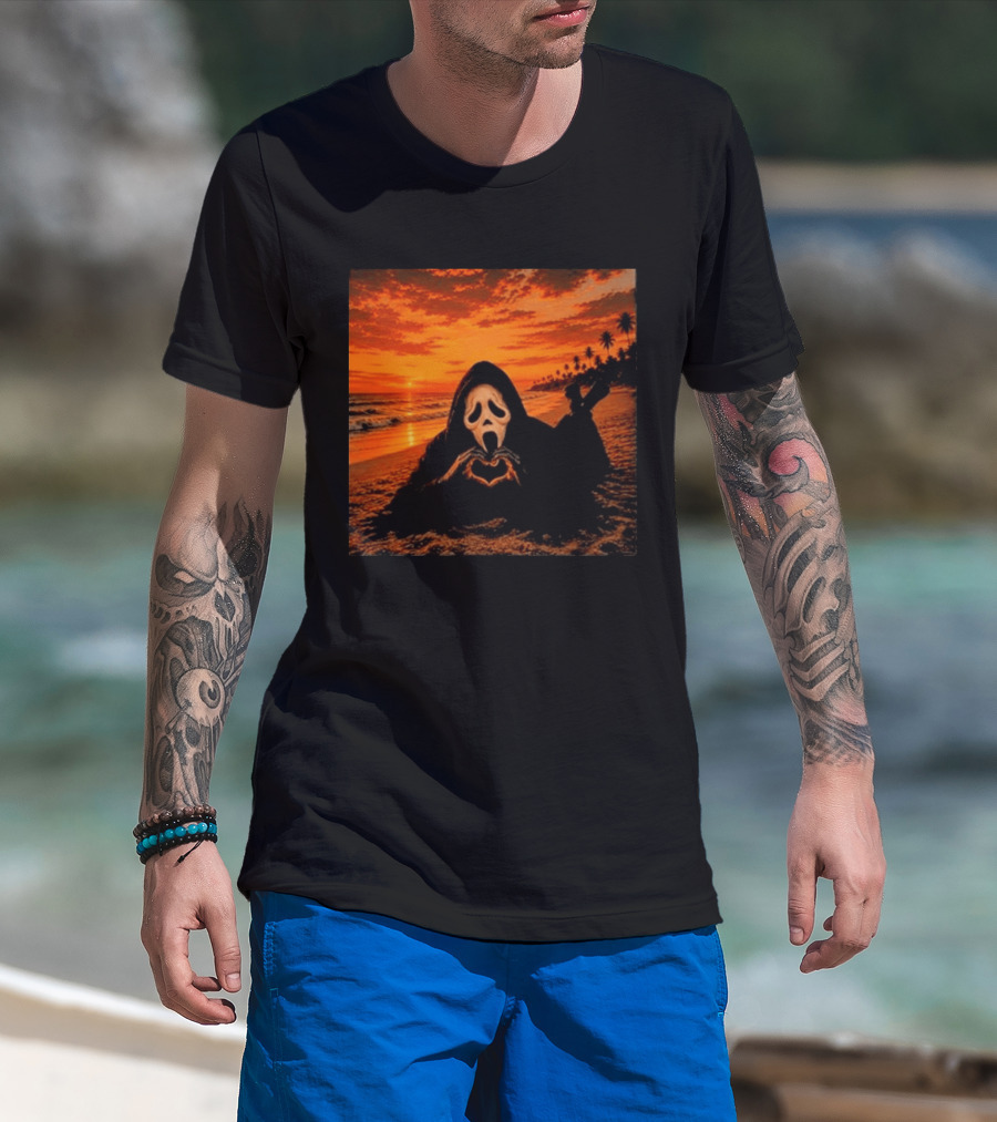 Ghostface Heart Hands Beach Sunset Halloween 2026 T-Shirt