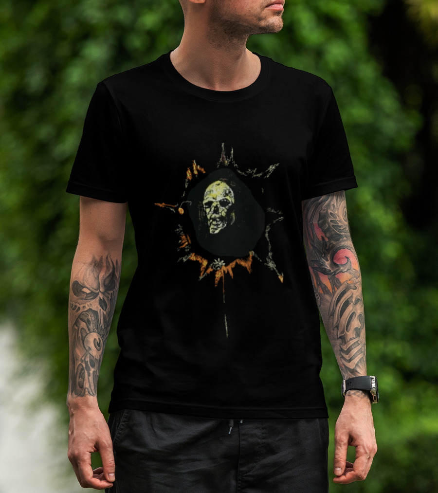 Yellow Spiky Sunburst Frame Hooded Skull Face Distressed Sketch T-Shirt