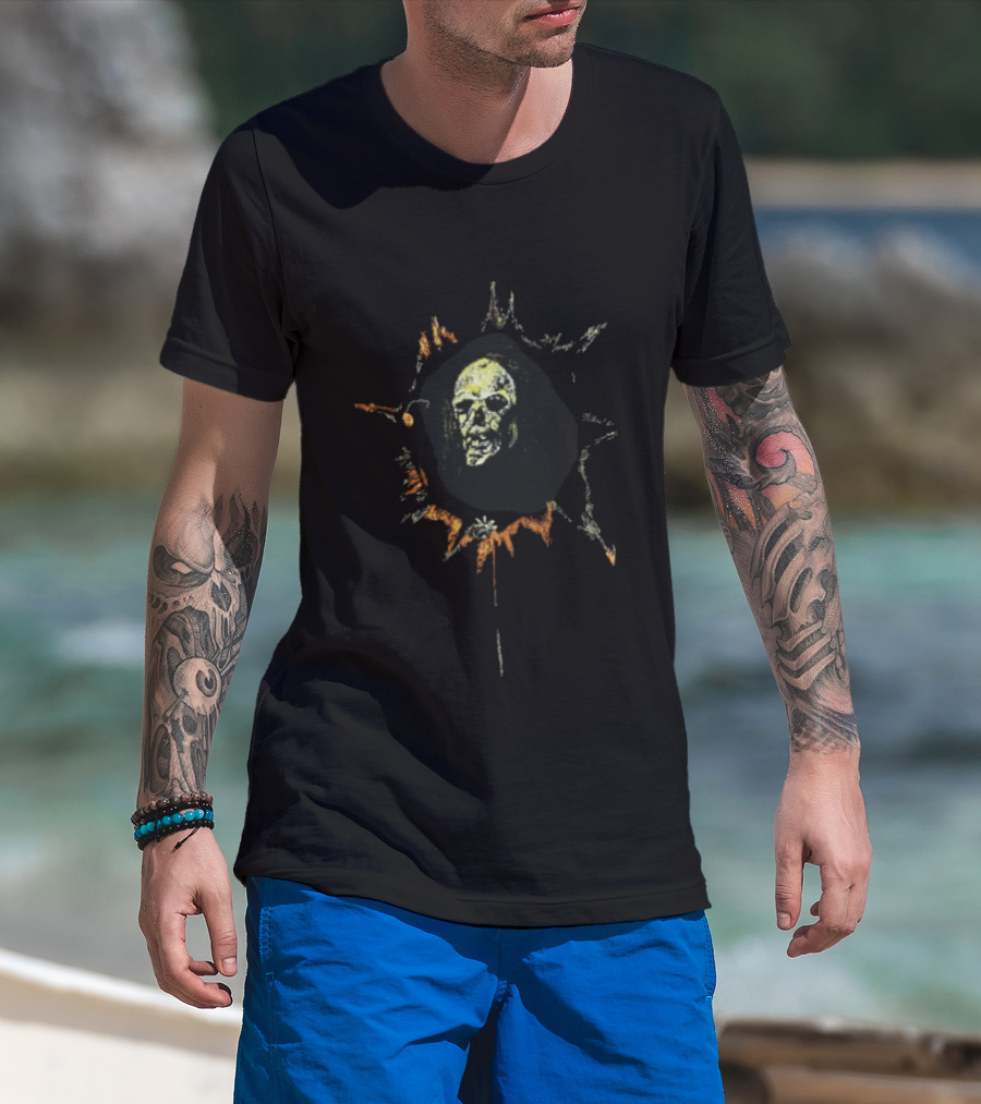 Yellow Spiky Sunburst Frame Hooded Skull Face Distressed Sketch T-Shirt