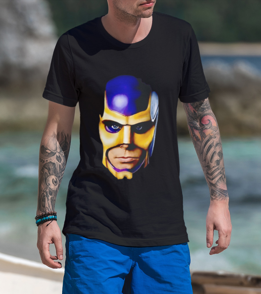 Realistic Painted Purple Gold Superhero Mask Face Close Up T-Shirt