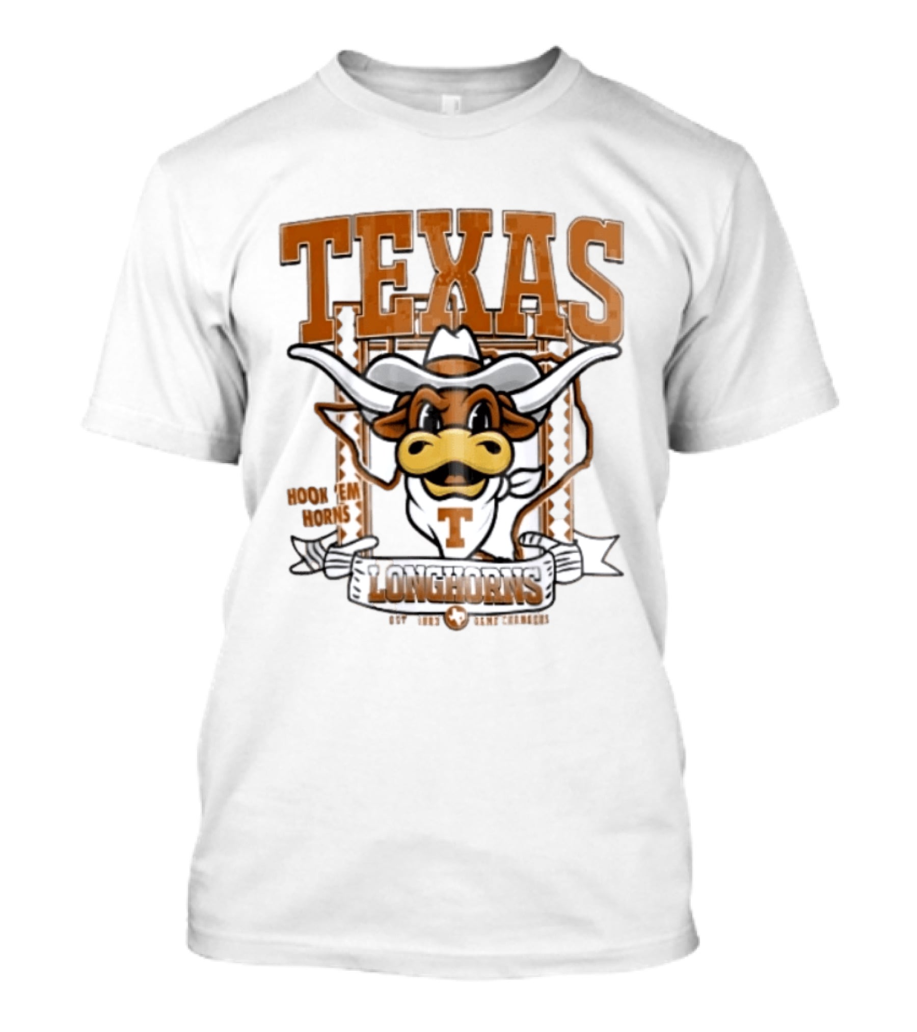 Texas Longhorns Hook Em Horns Game Changers Est 1883 State Map Cartoon T-Shirt