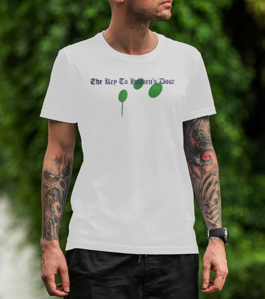 The Key To Heaven's Door Blue Lettering Three Green Ovals With Stem T-Shirt