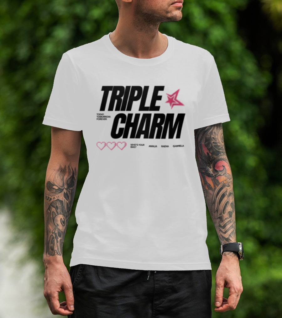 Triple Charm White Hearts Pink Star T-Shirt