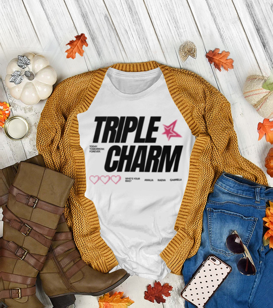Triple Charm White Hearts Pink Star T-Shirt