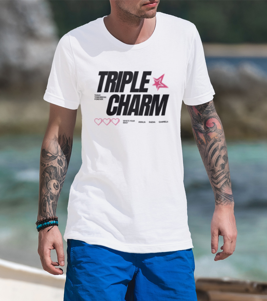 Triple Charm White Hearts Pink Star T-Shirt