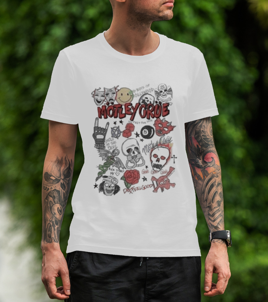 Motley Crue Album Doodle Collage Smiley Skull Roses Punk Rock T-Shirt