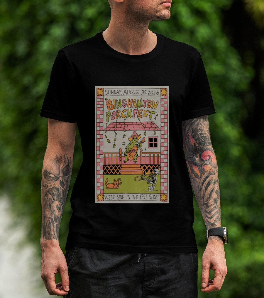 Binghamton Porchfest August 30 2026 West Side Is The Fest Side Sunday Concert Frog And Skeleton Player T-Shirt