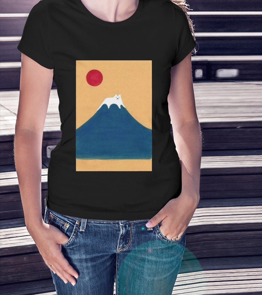 Meow Fuji Cat With Red Sun Illustration Japan T-Shirt