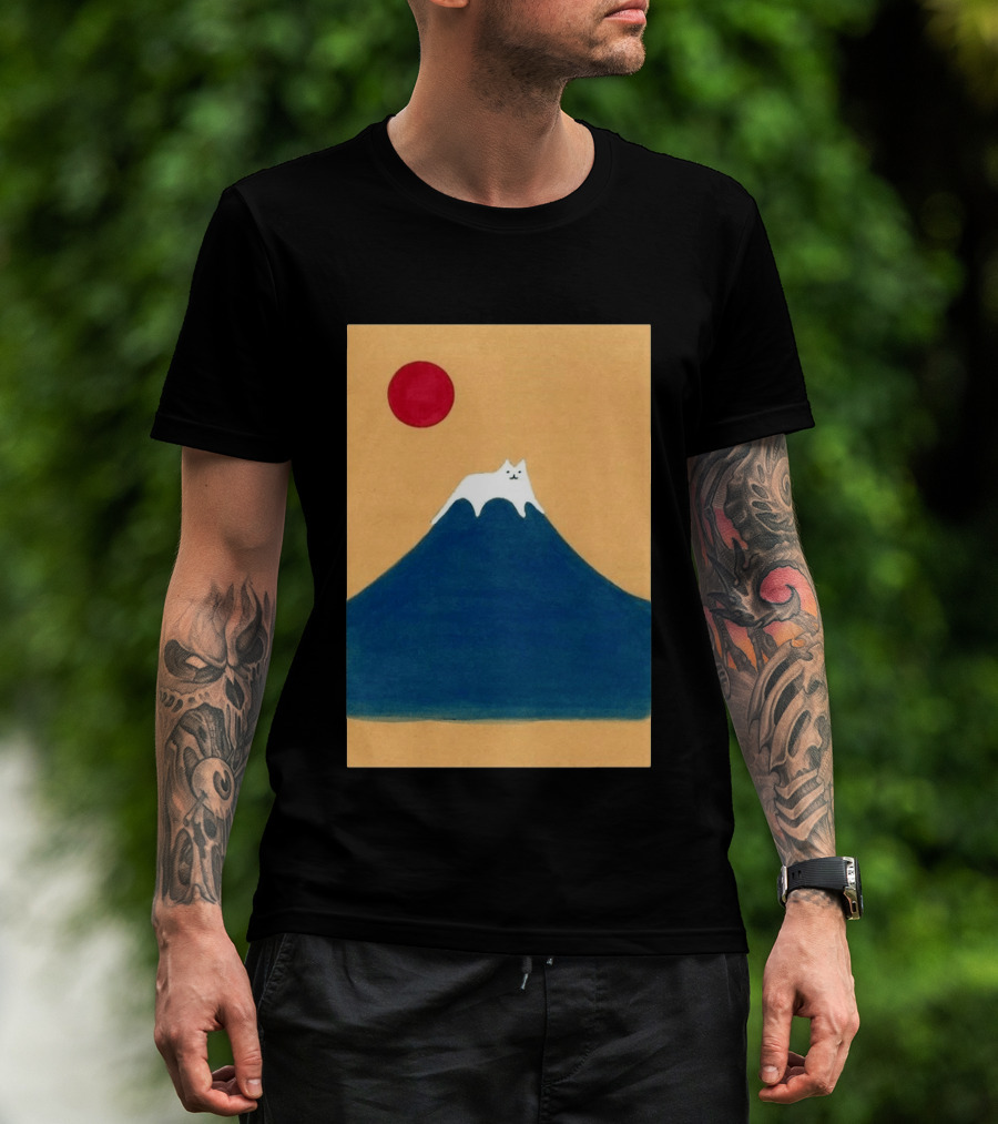 Meow Fuji Cat With Red Sun Illustration Japan T-Shirt