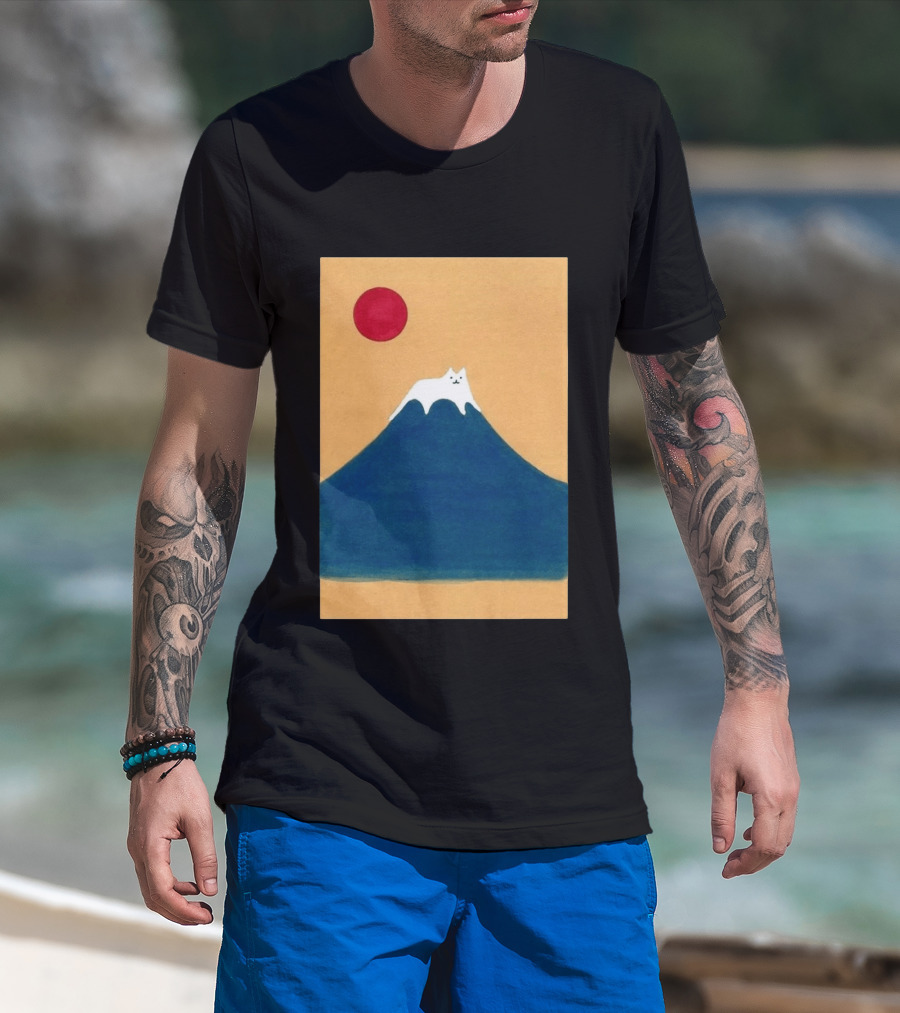 Meow Fuji Cat With Red Sun Illustration Japan T-Shirt