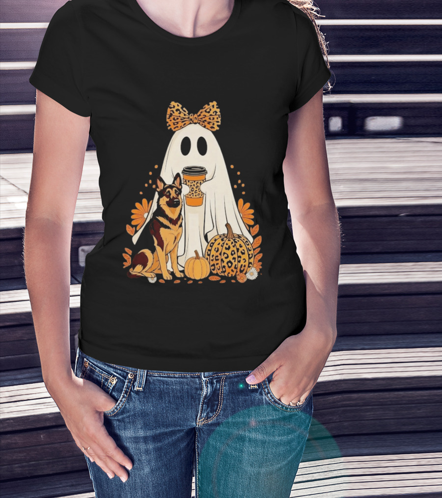German Shepherd Ghost Leopard Pumpkin Coffee Halloween Bow T-Shirt