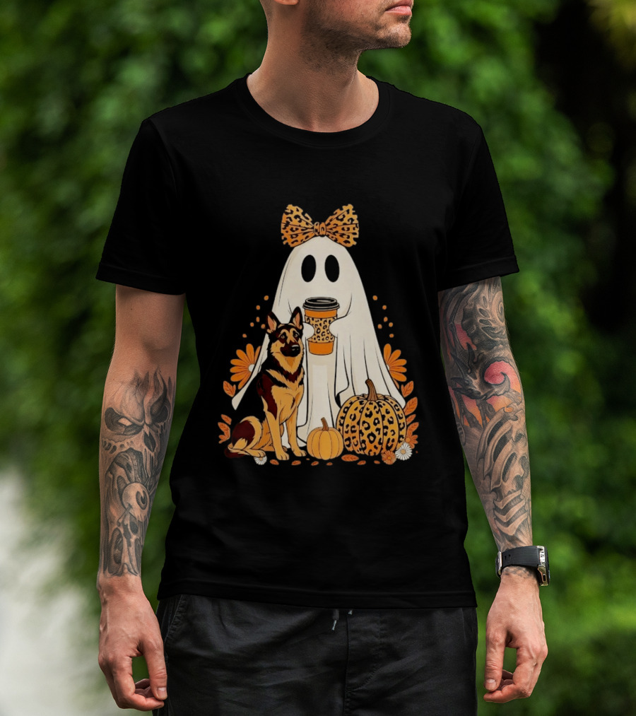 German Shepherd Ghost Leopard Pumpkin Coffee Halloween Bow T-Shirt
