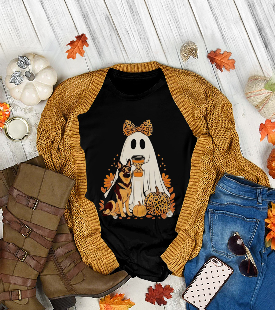 German Shepherd Ghost Leopard Pumpkin Coffee Halloween Bow T-Shirt