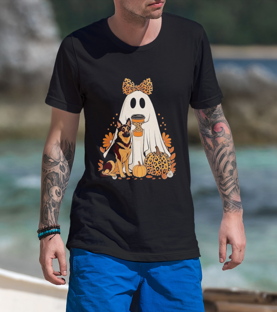 German Shepherd Ghost Leopard Pumpkin Coffee Halloween Bow T-Shirt