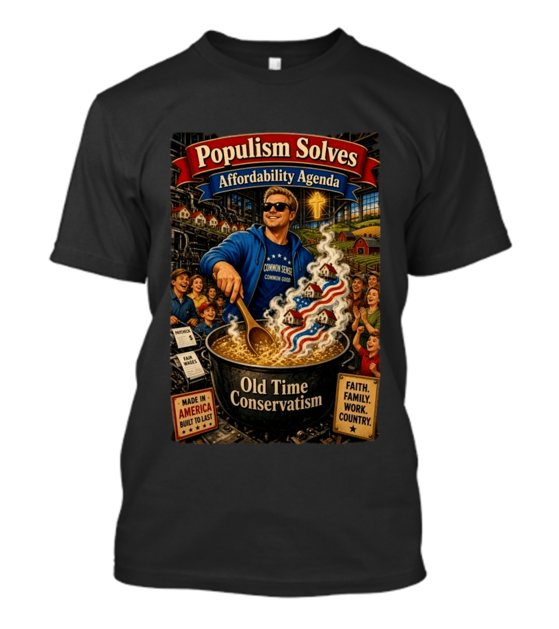 Populism Solves Affordability Agenda Common Sense Good Old Time Conservatism Faith Family Work Country T-Shirt