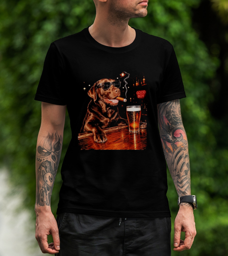 Silly Chocolate Labrador Retriever Drinking Beer Cigar Dog Good Boy Bar Night T-Shirt