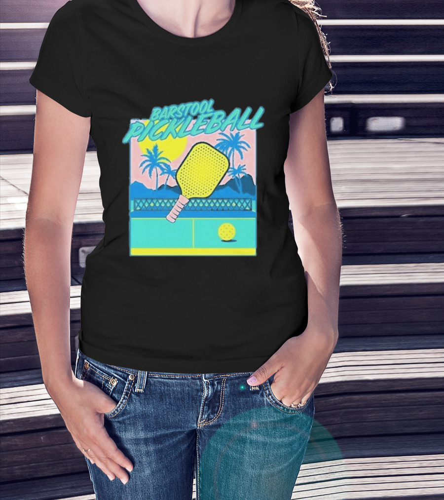 Barstool Pickleball Tropical Retro Paddle And Palm Trees T-Shirt