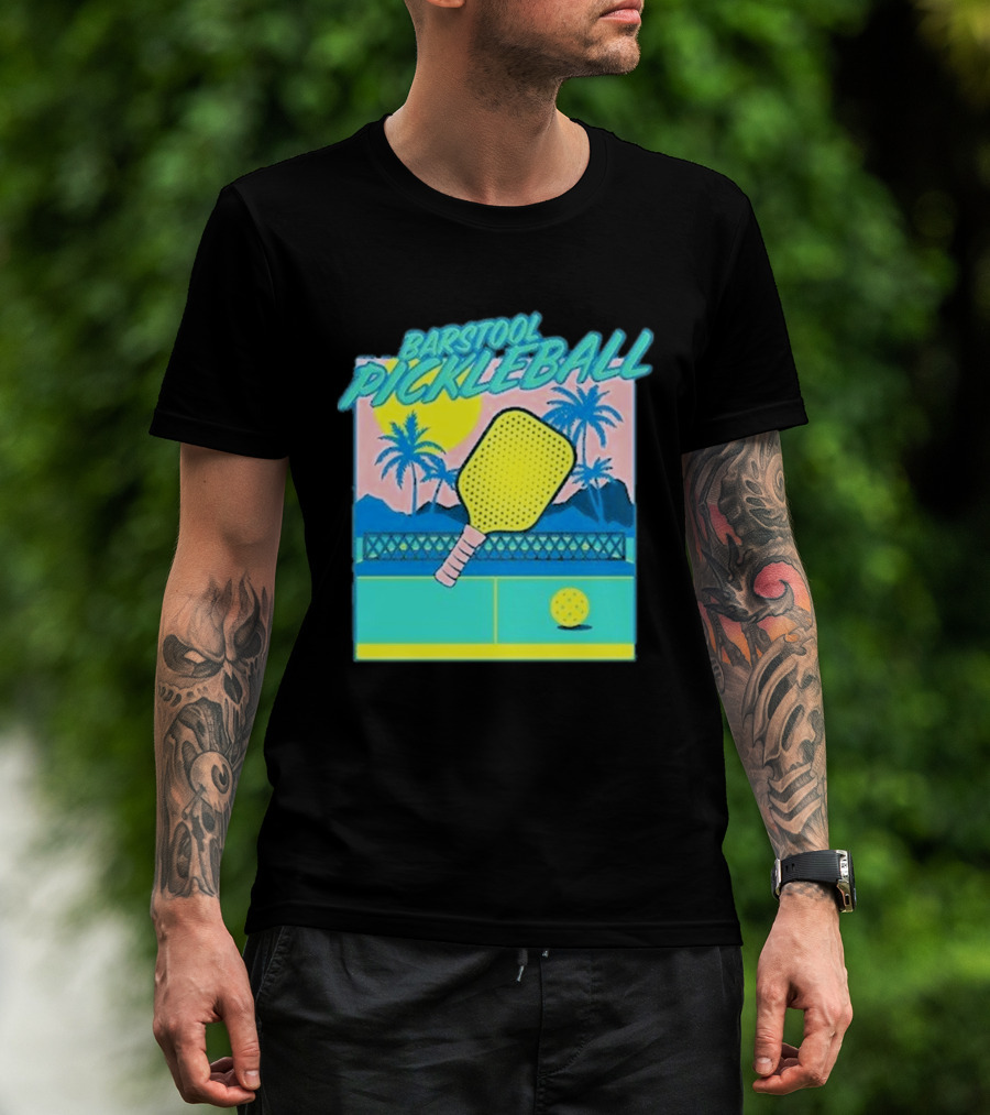 Barstool Pickleball Tropical Retro Paddle And Palm Trees T-Shirt