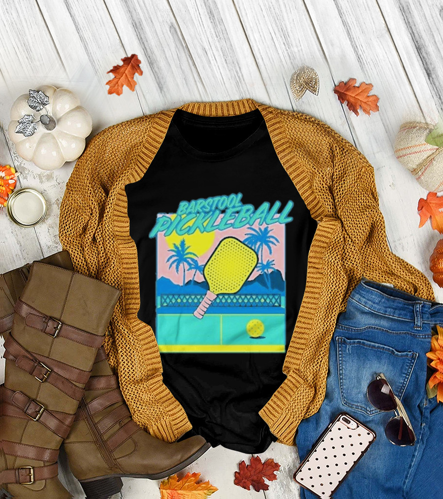 Barstool Pickleball Tropical Retro Paddle And Palm Trees T-Shirt